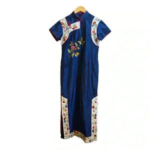 Asian-style Women's Evening Party Dress Back Zip Floral-Ivy Print Sapphire Blue